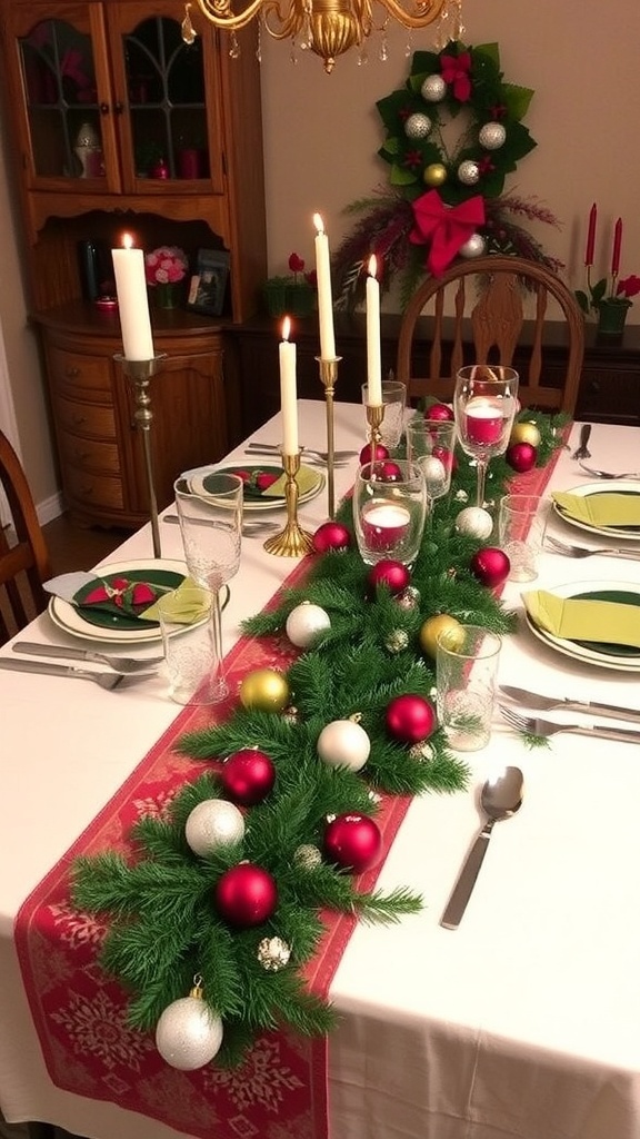 Elegant Christmas Table Runner Decoration Ideas A festive Christmas table with an elegant runner, candles, and holiday decorations.